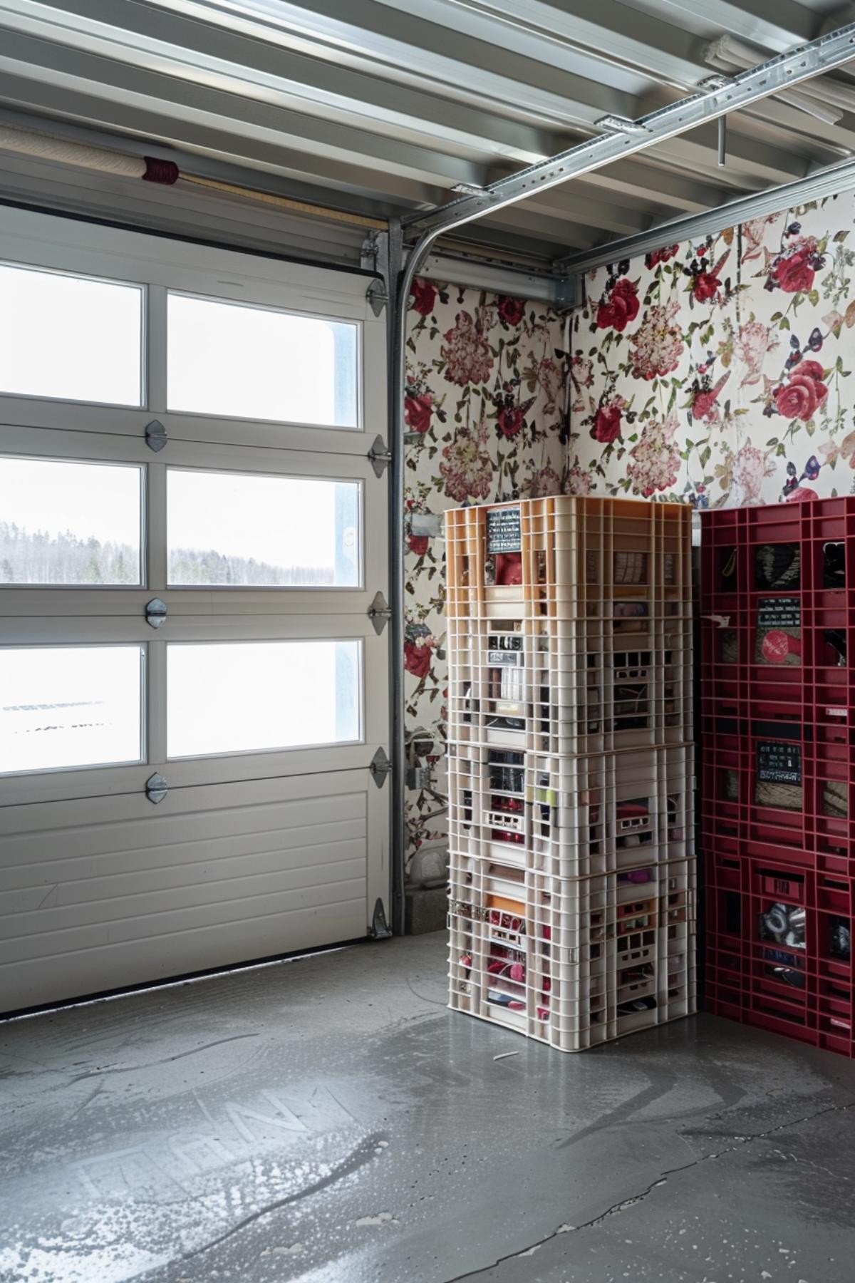 Floral Wallpaper and Plastic Crates