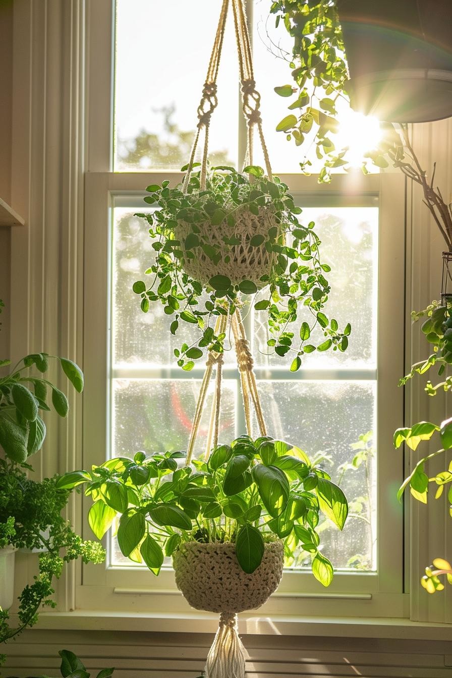 Hanging Herb Planters in a Sunny Window