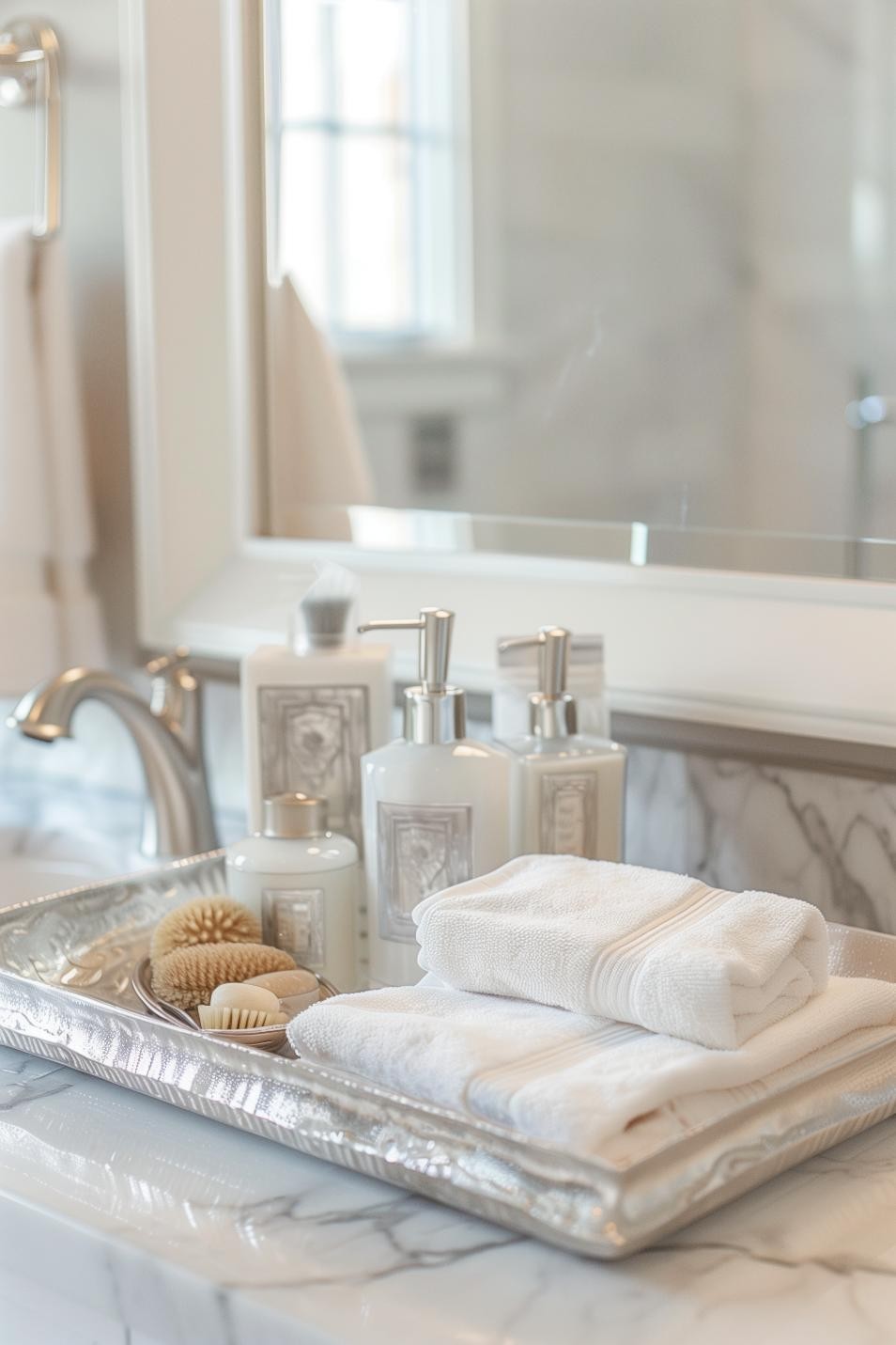 Small Silver Tray With Bath Essentials in the Guest Bathroom