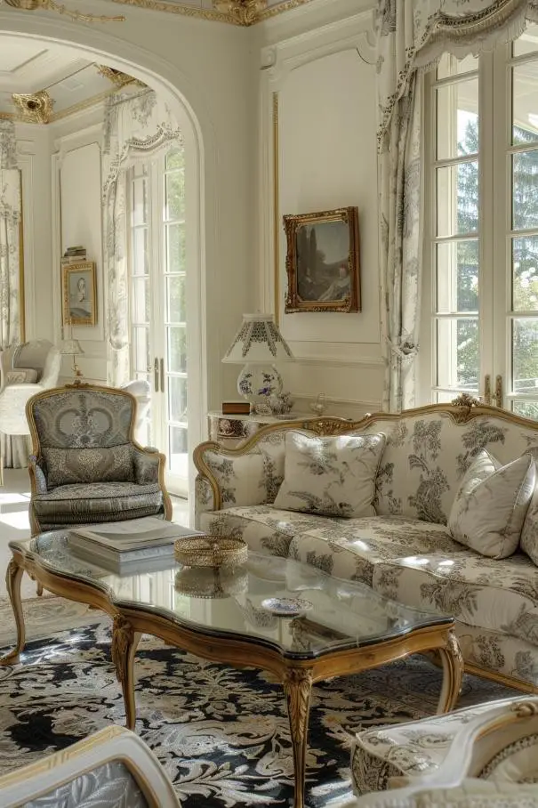 French Provincial Elegance With Curved Furniture and Toile Accents