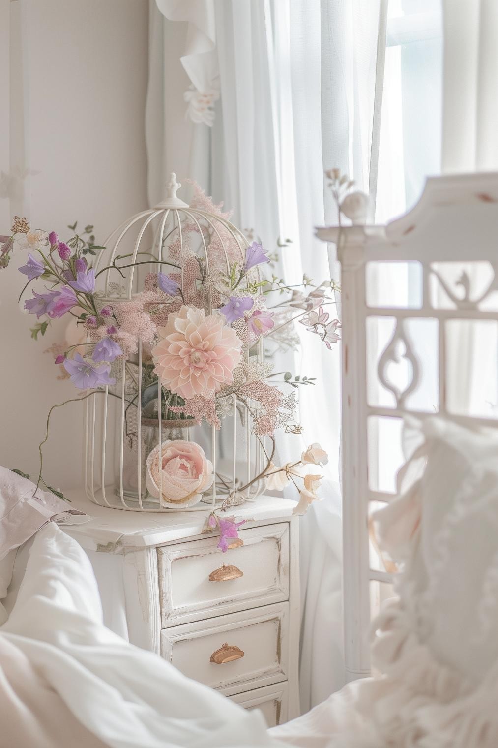Vintage Birdcage With Faux Flowers