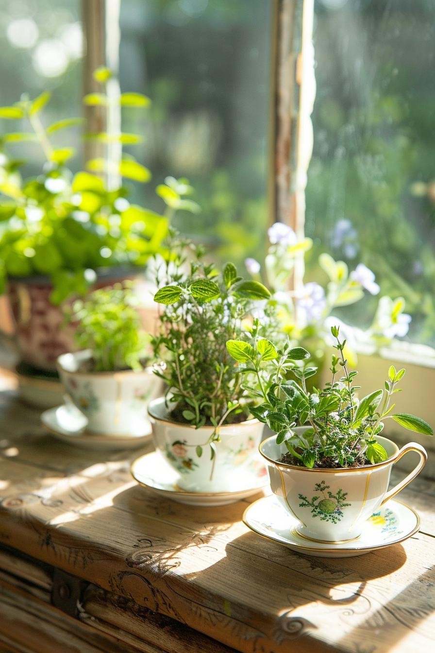 Herb Garden in Old Teacups on a Vintage Table