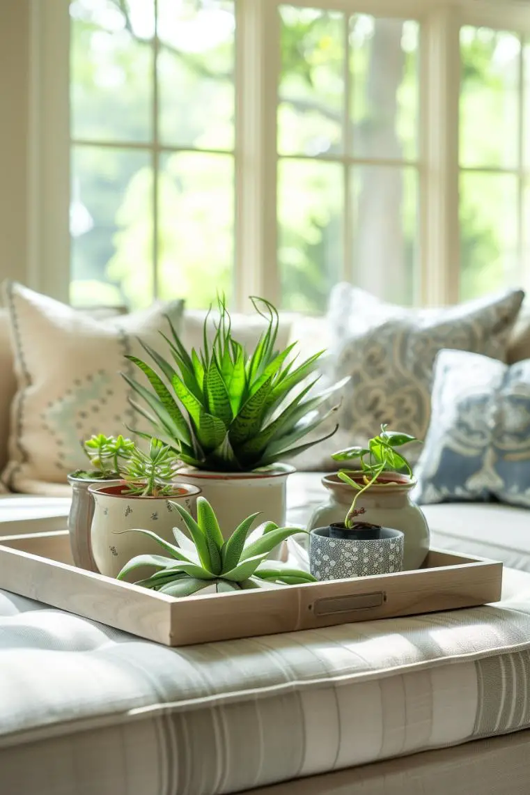 Square Tray With Plants on the Living Room Ottoman